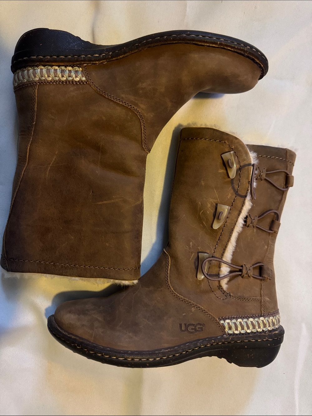 UGG Women's Chestnut Brown Leather Shearling-Trim Mid-Calf Boots